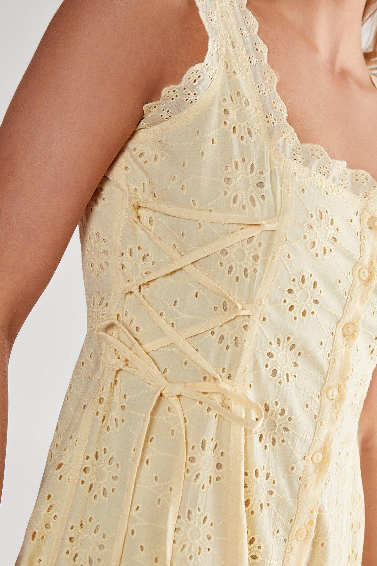 NastyGal Soft Corset Broderie Lace Up Side Midi Dress Lemon image 3