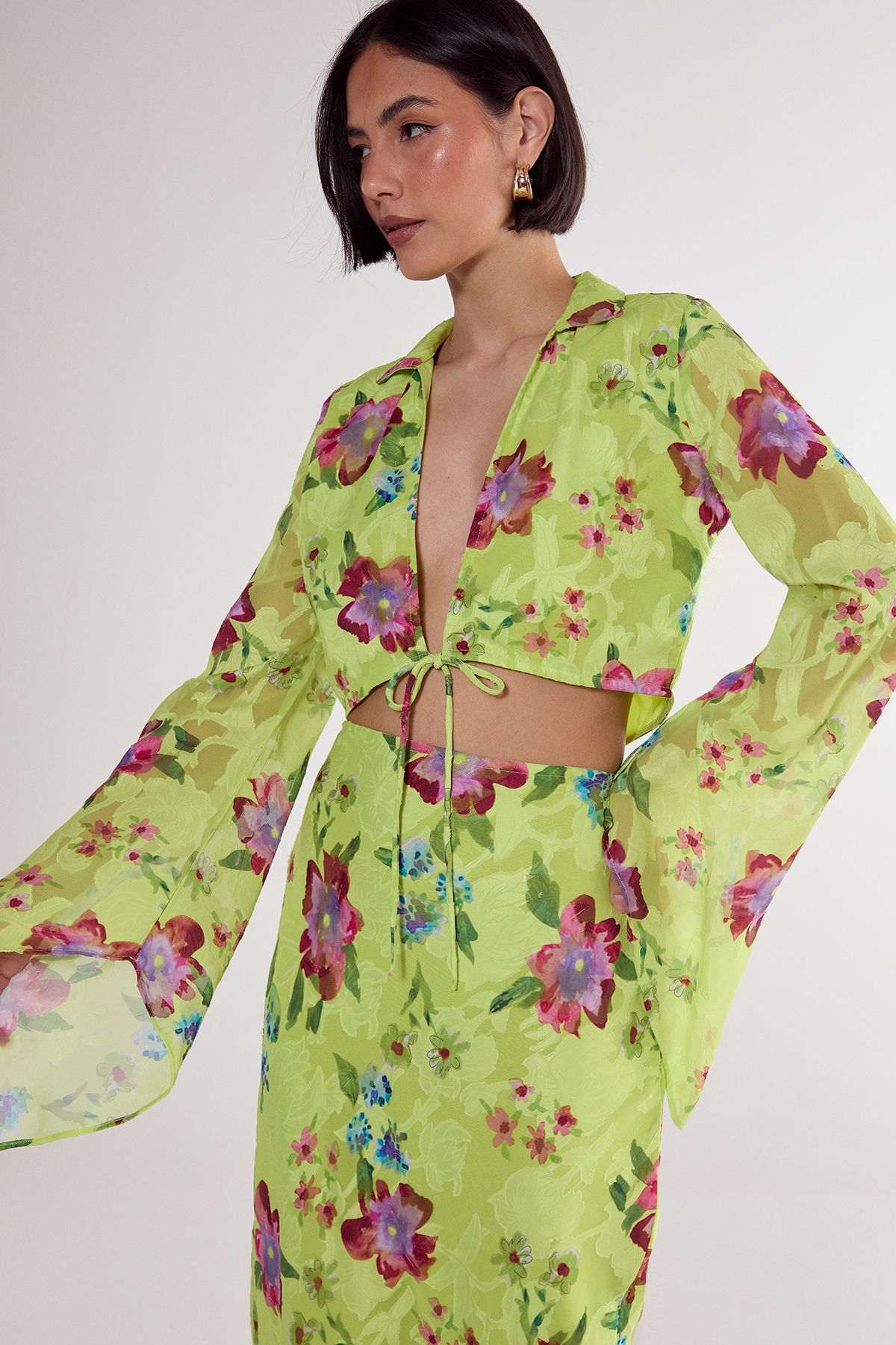 NastyGal Floral Burnout Tie Front Fluted Sleeve Crop Top Lime image 1
