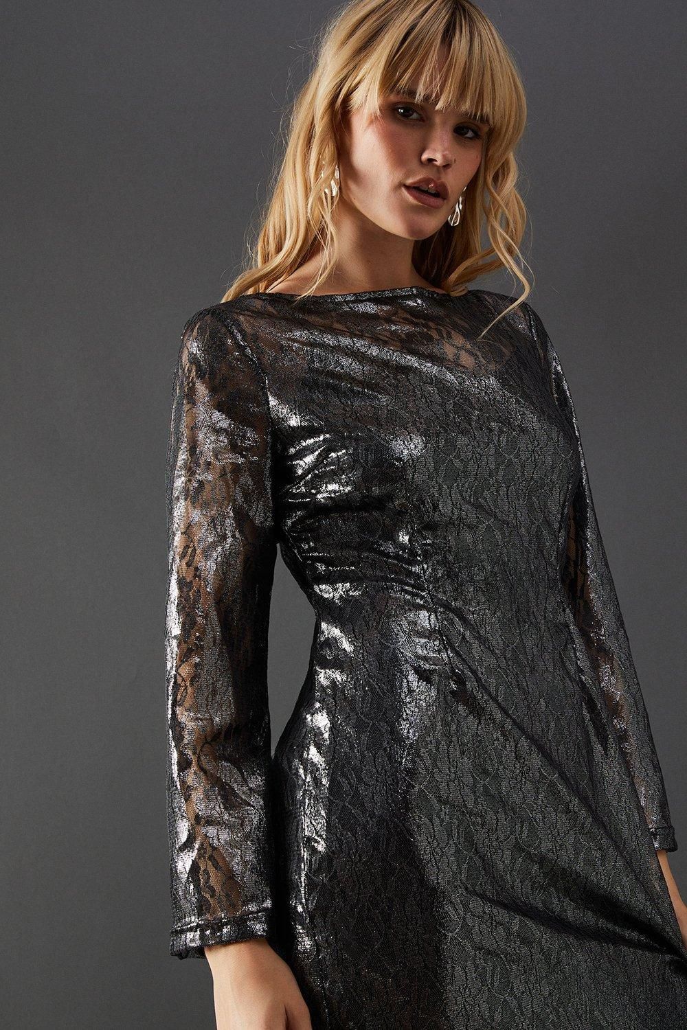 Warehouse Metallic Lace Column Midi Dress Silver image 4