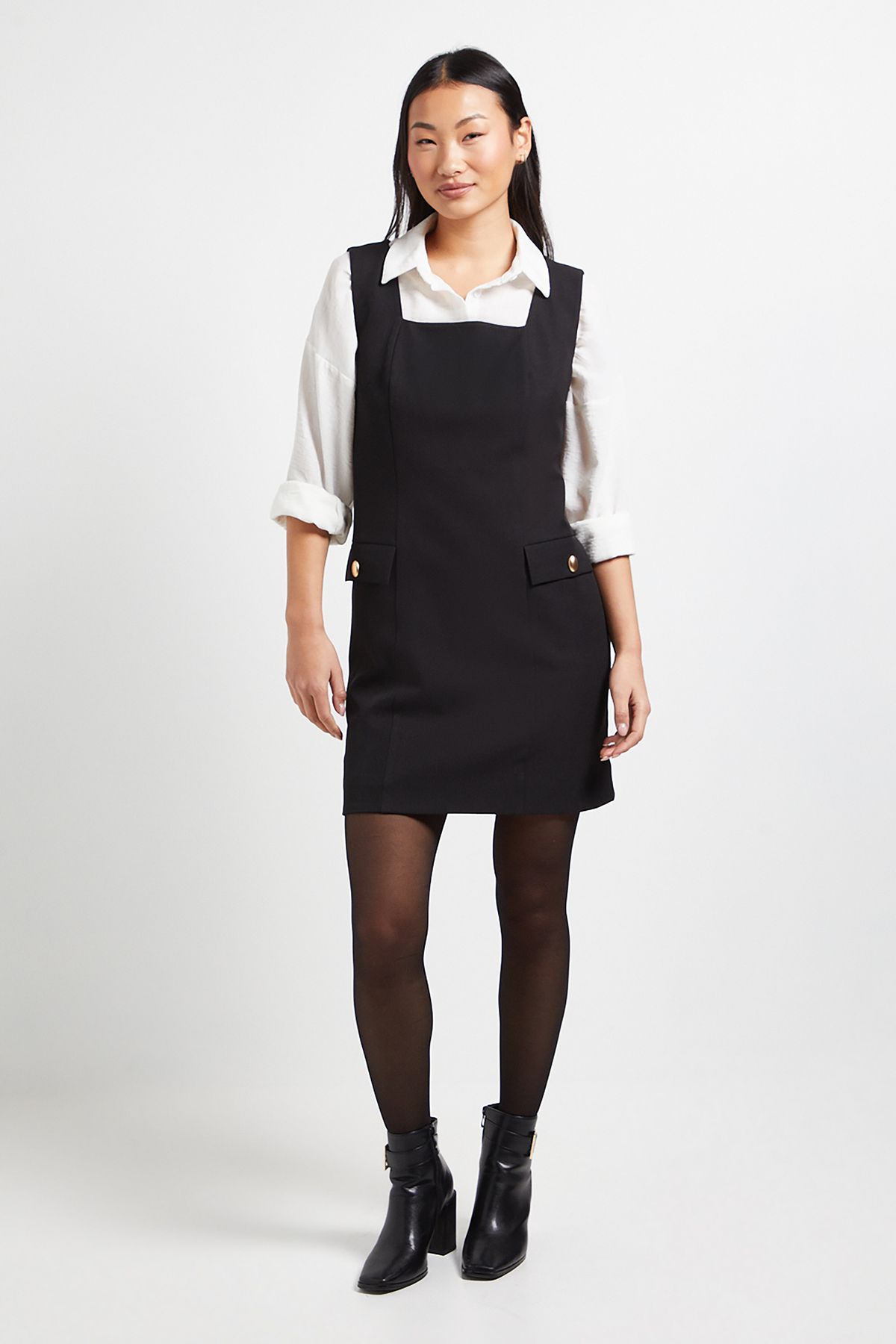 Dorothy Perkins Petite Pocket Detail Tie Back Pinafore Mini Dress Black image 1