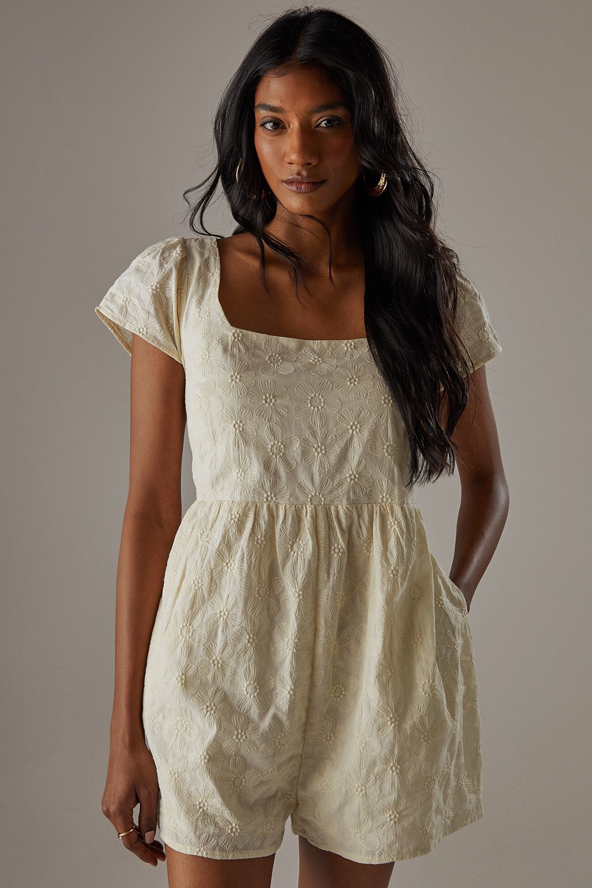 Warehouse Floral Cotton Square Neck Babydoll Playsuit Cream image 1