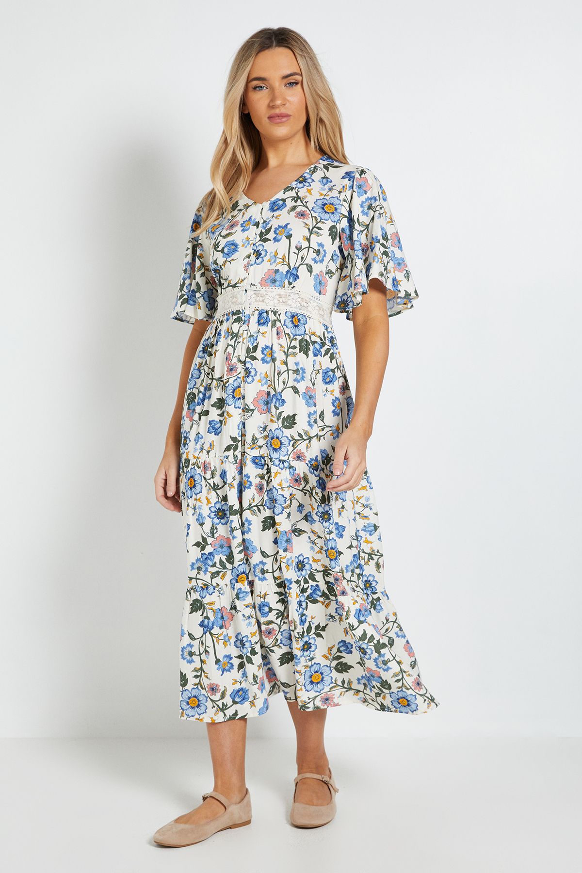 Dorothy Perkins Blue Floral Lace Trim Button Detail Angel Sleeve Printed Midi Dress Floral