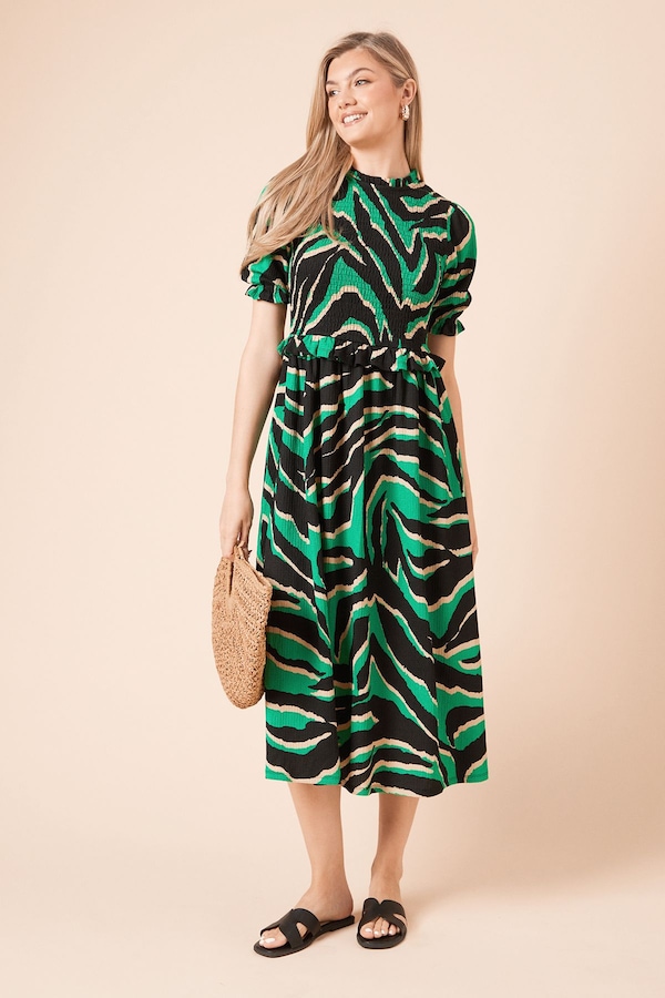 Dorothy Perkins Puff Sleeve Zebra Shirred Bodice Peplum Jersey Midi Dress Zebra