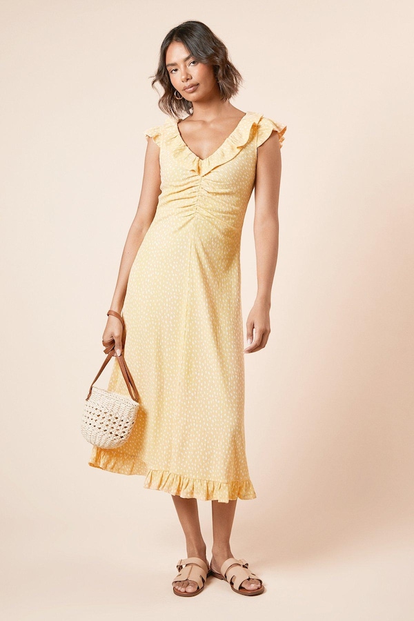 Dorothy Perkins Yellow Spot Frill Neck Ruched Front Jersey Midi Dress Yellow