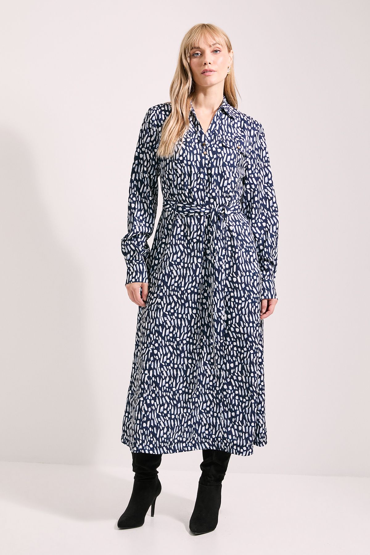 Principles Printed Tie Waist Crepe Shirt Dress Navy