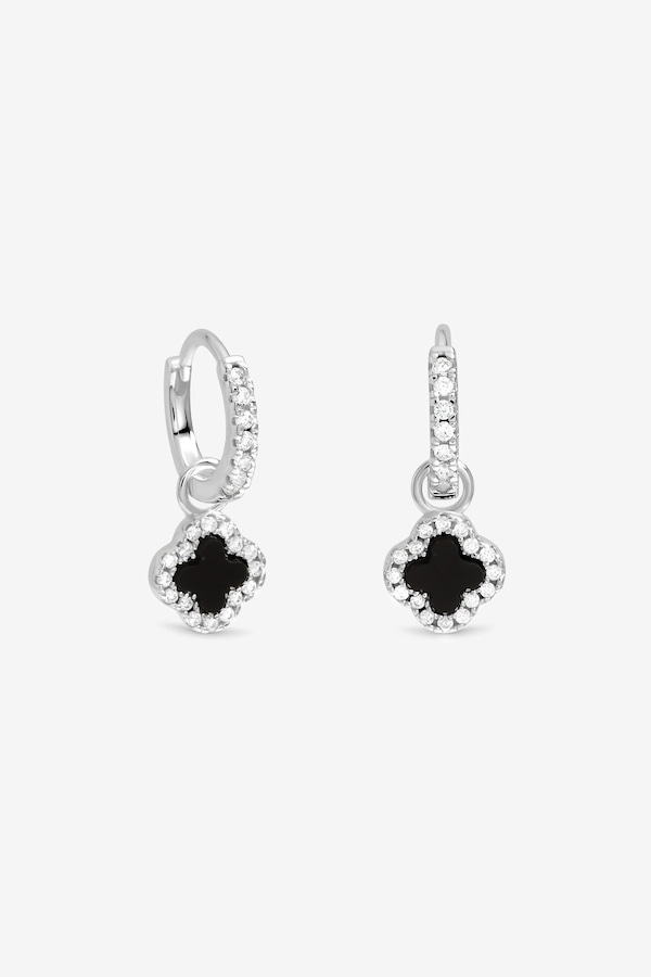 Simply Silver Sterling Silver 925 Pave and Jet Clover Charm Huggie Hoop Earrings
