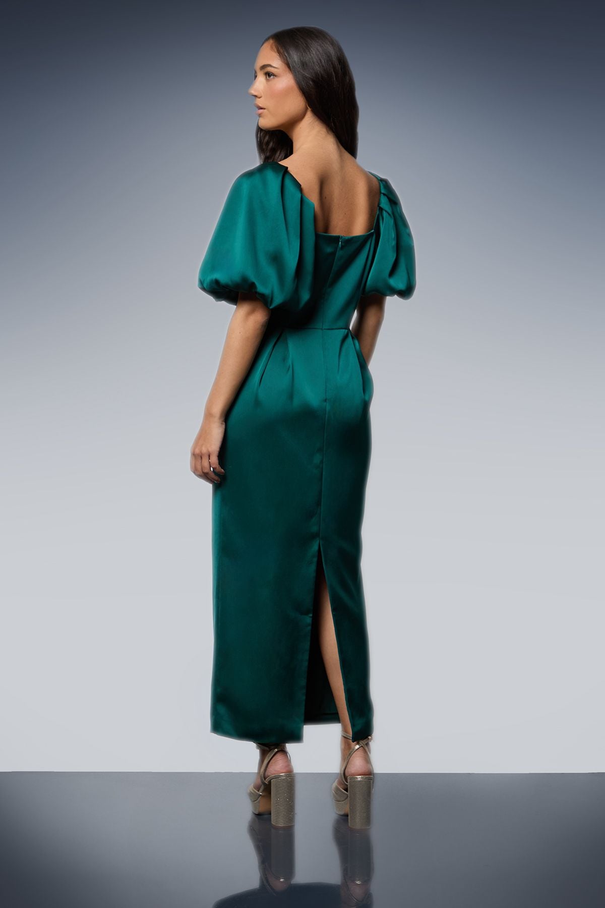 Oasis Satin Bow Front Puff Sleeve Midi Dress Teal image 3
