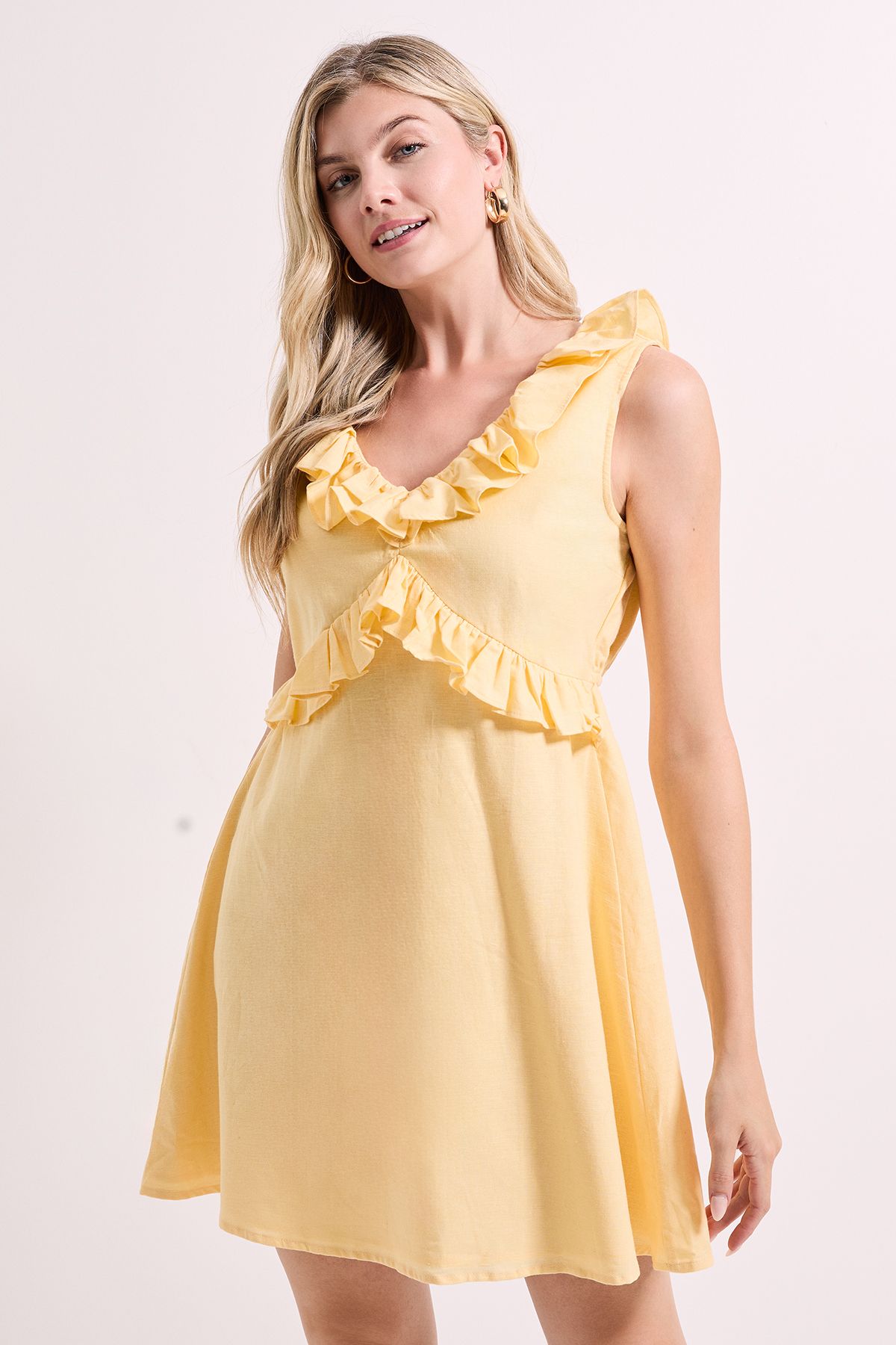 Dorothy Perkins Ruffle Sleeve Tie Back Mini Dress Lemon image 2