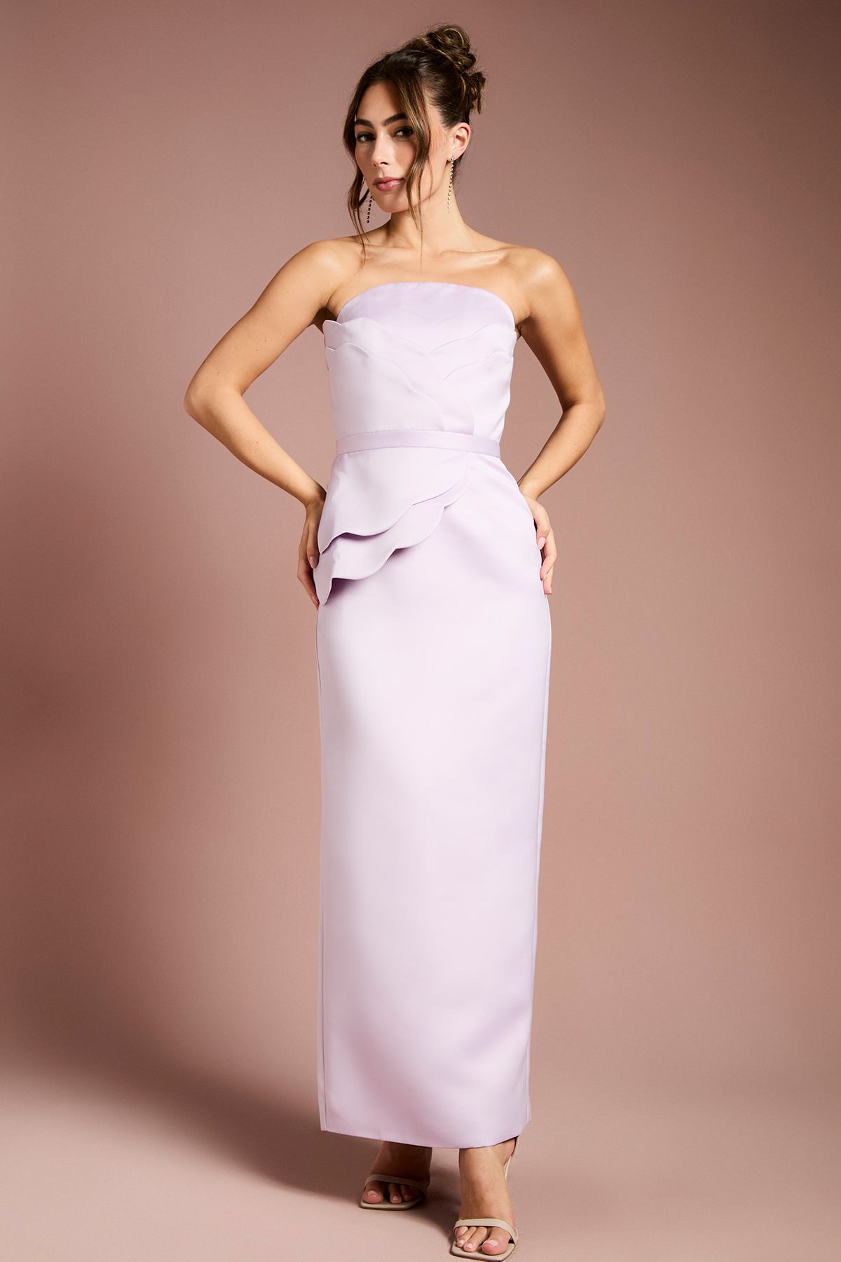 Coast Scallop Detail Bandeau Structured Satin Maxi Dress Lilac image 1