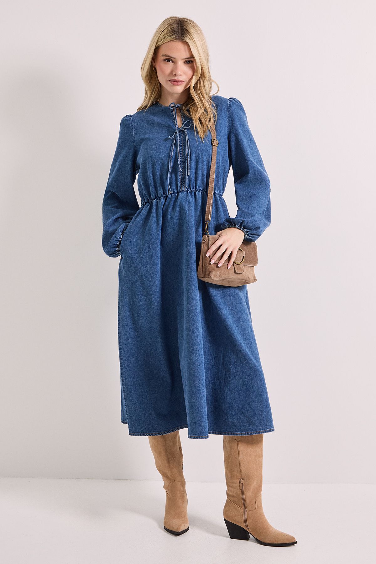 Dorothy Perkins Bow Front Blouson Sleeve Denim Midi Dress Mid Wash image 1