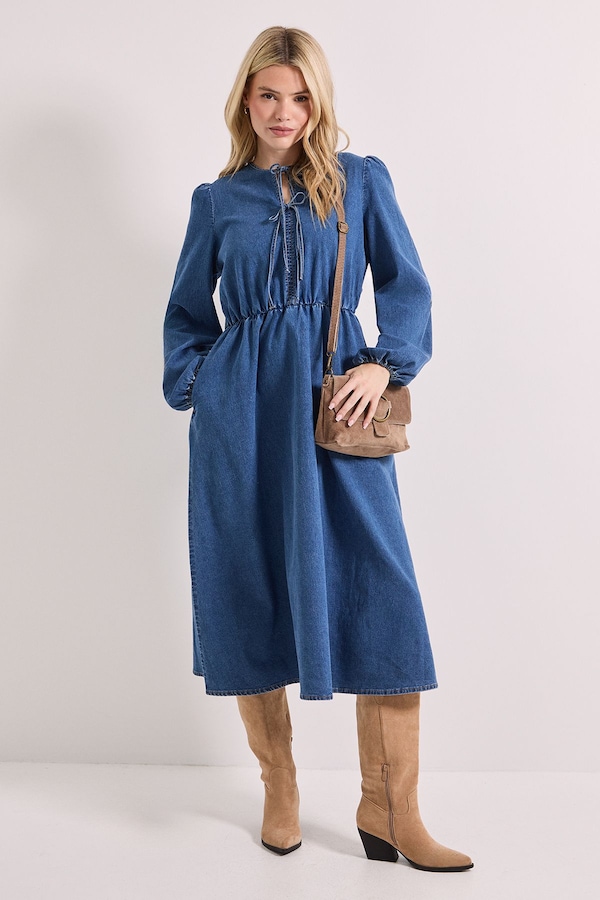 Dorothy Perkins Bow Front Blouson Sleeve Denim Midi Dress Mid Wash