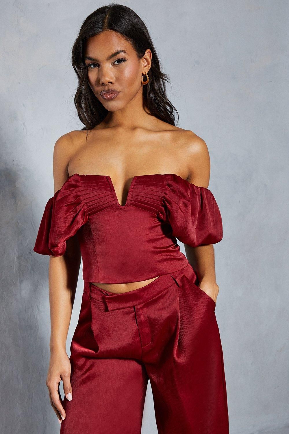 MissPap Textured Satin Pleated Bust Frill Bardot Top Berry image 4