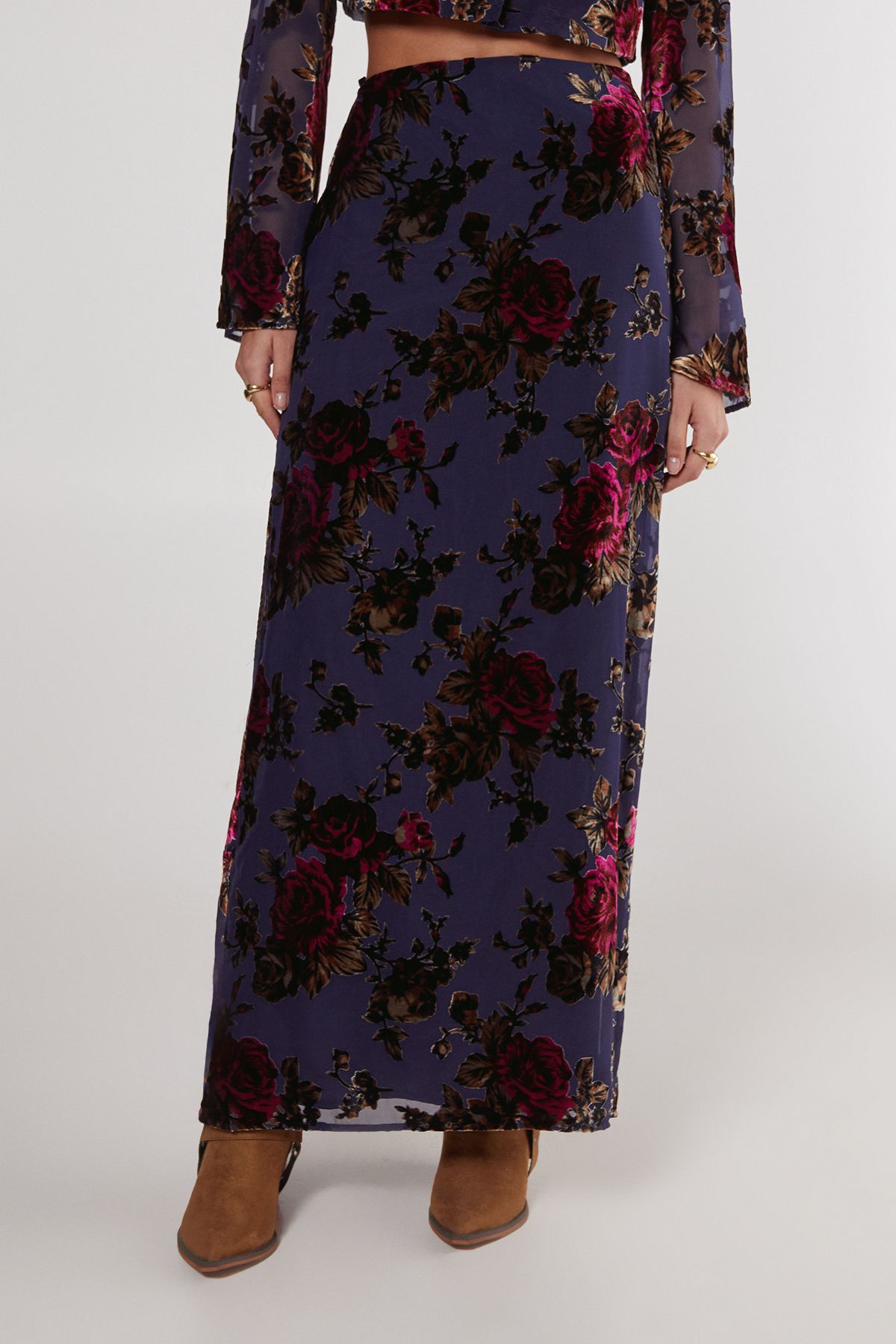 NastyGal Floral Devore Maxi Skirt Blue image 2