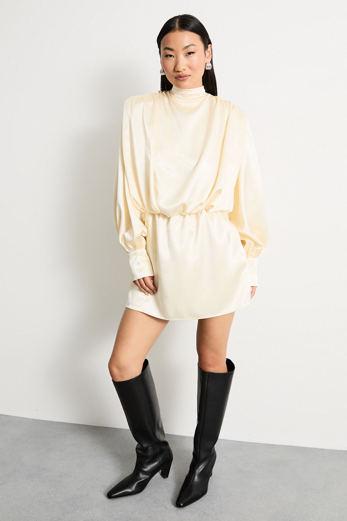 Warehouse Petite Extreme Shoulder Draped Satin Mini Dress Cream image 2