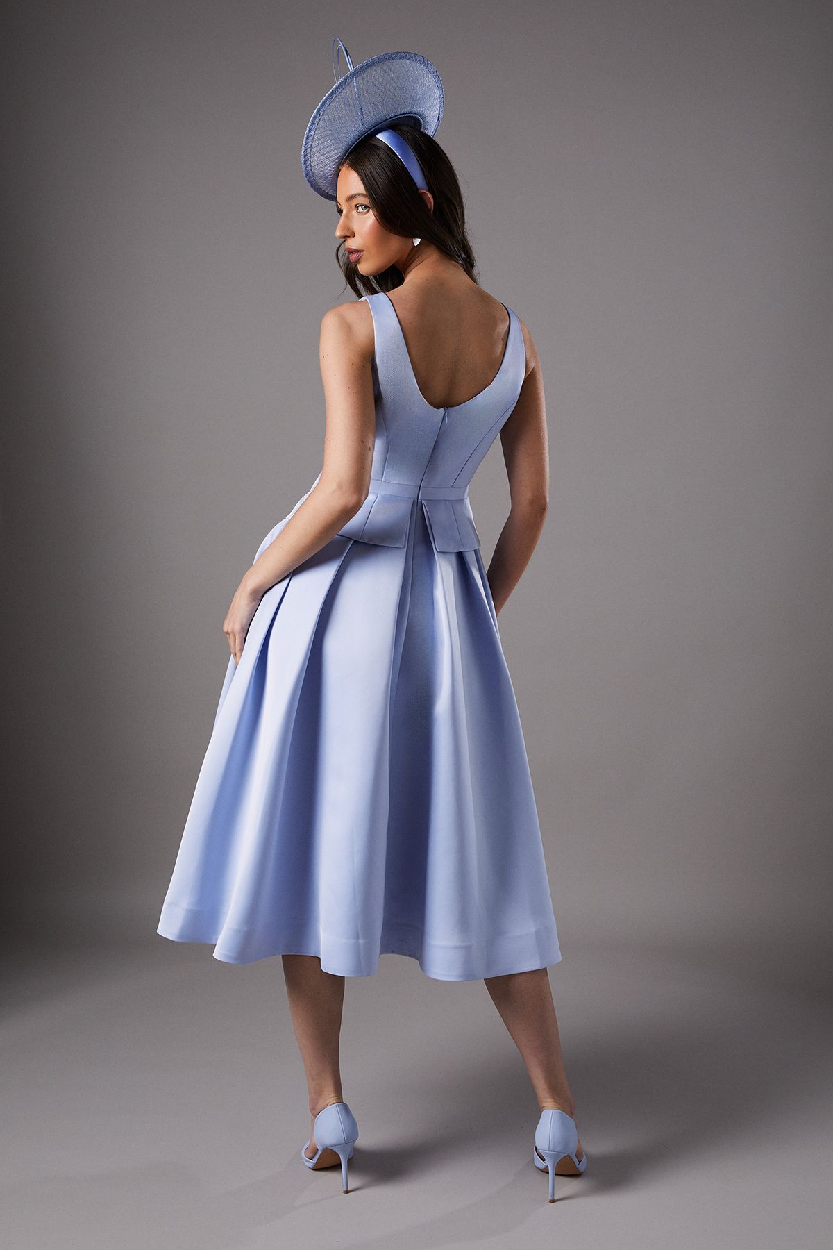 Coast Lisa Tan Structured Satin Pleated Peplum Midi Dress Blue image 3