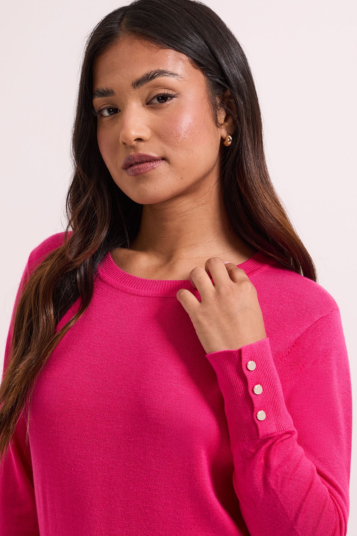 Dorothy Perkins Petite Pink Crew Neck Button Cuff Jumper Pink image 3