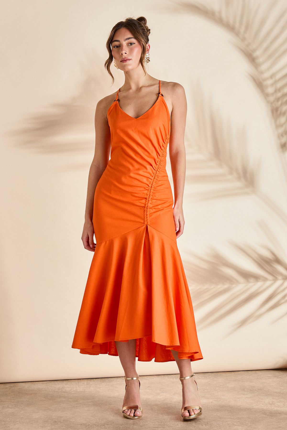Coast Strappy Gathered Midaxi Dress Orange image 1