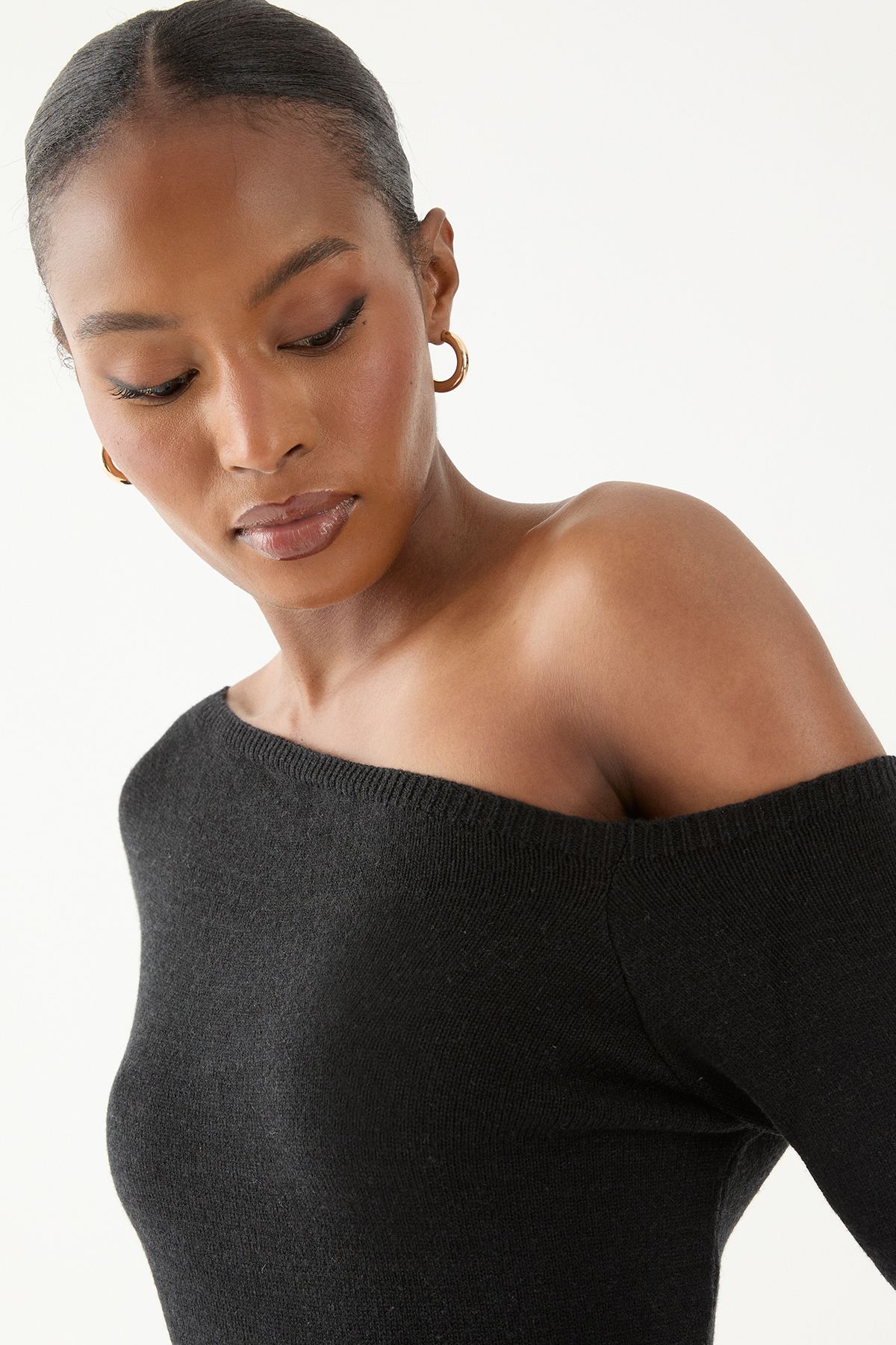 MissPap Knitted Asymmetric Neckline  Midaxi Dress Black image 3