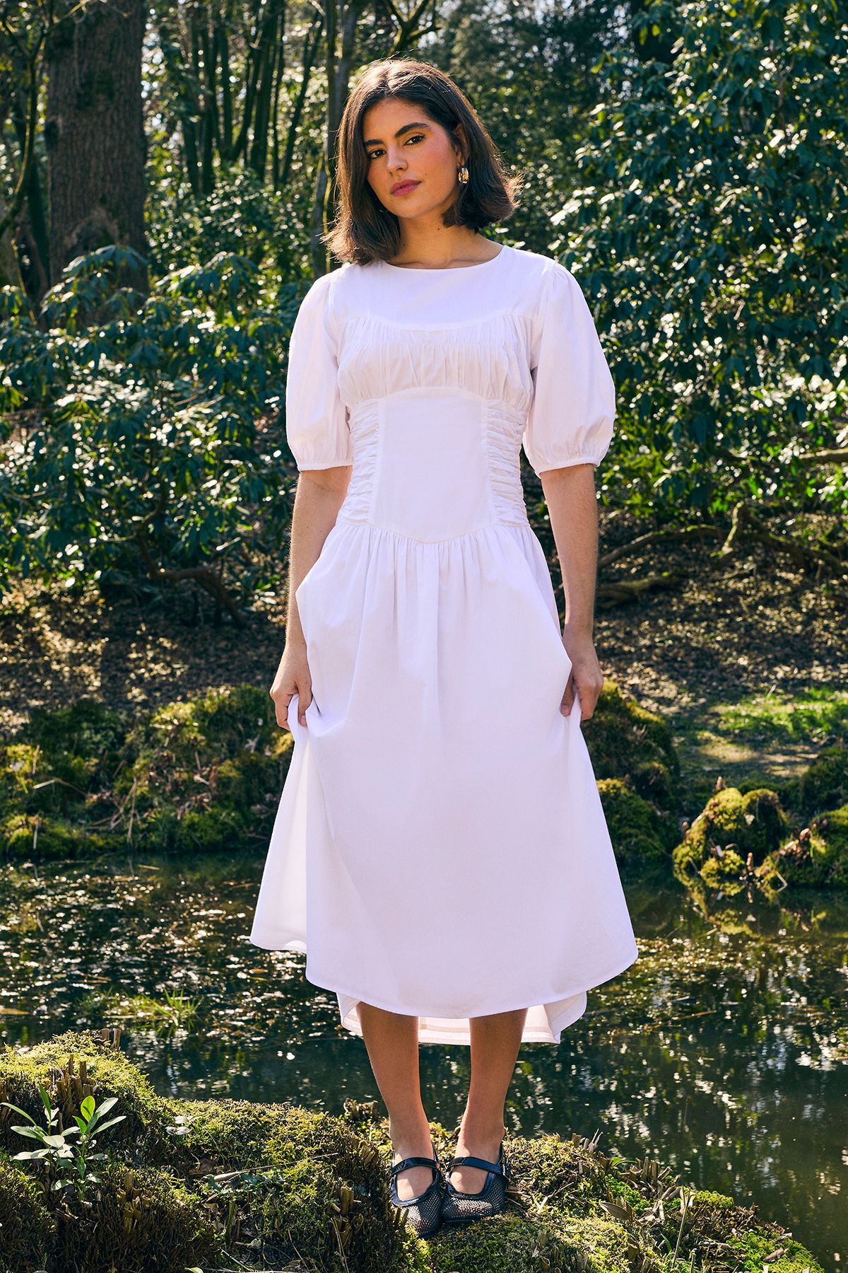 Oasis Poplin Panel Ruched Dress White image 1