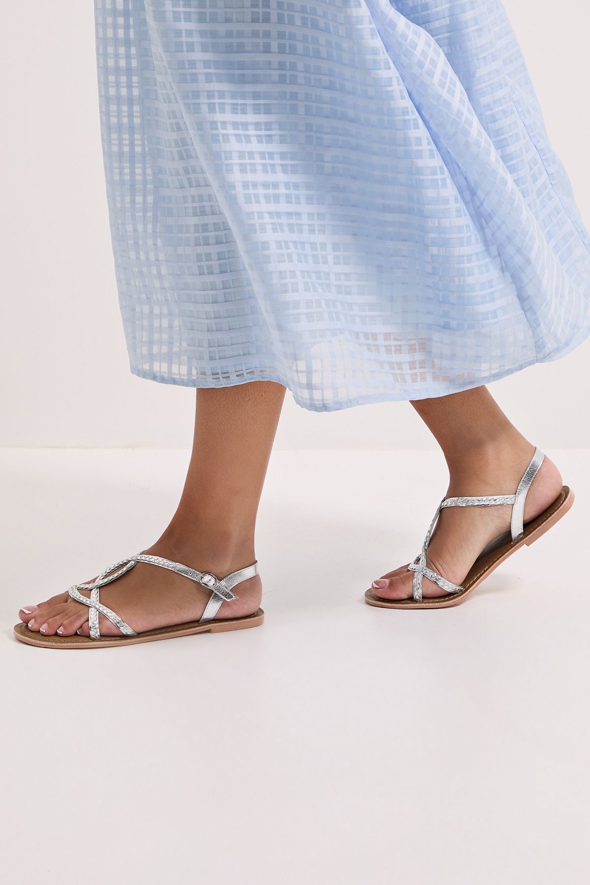 Dorothy Perkins Wide Fit Jessie Real Leather Plaited Flat Sandals Silver