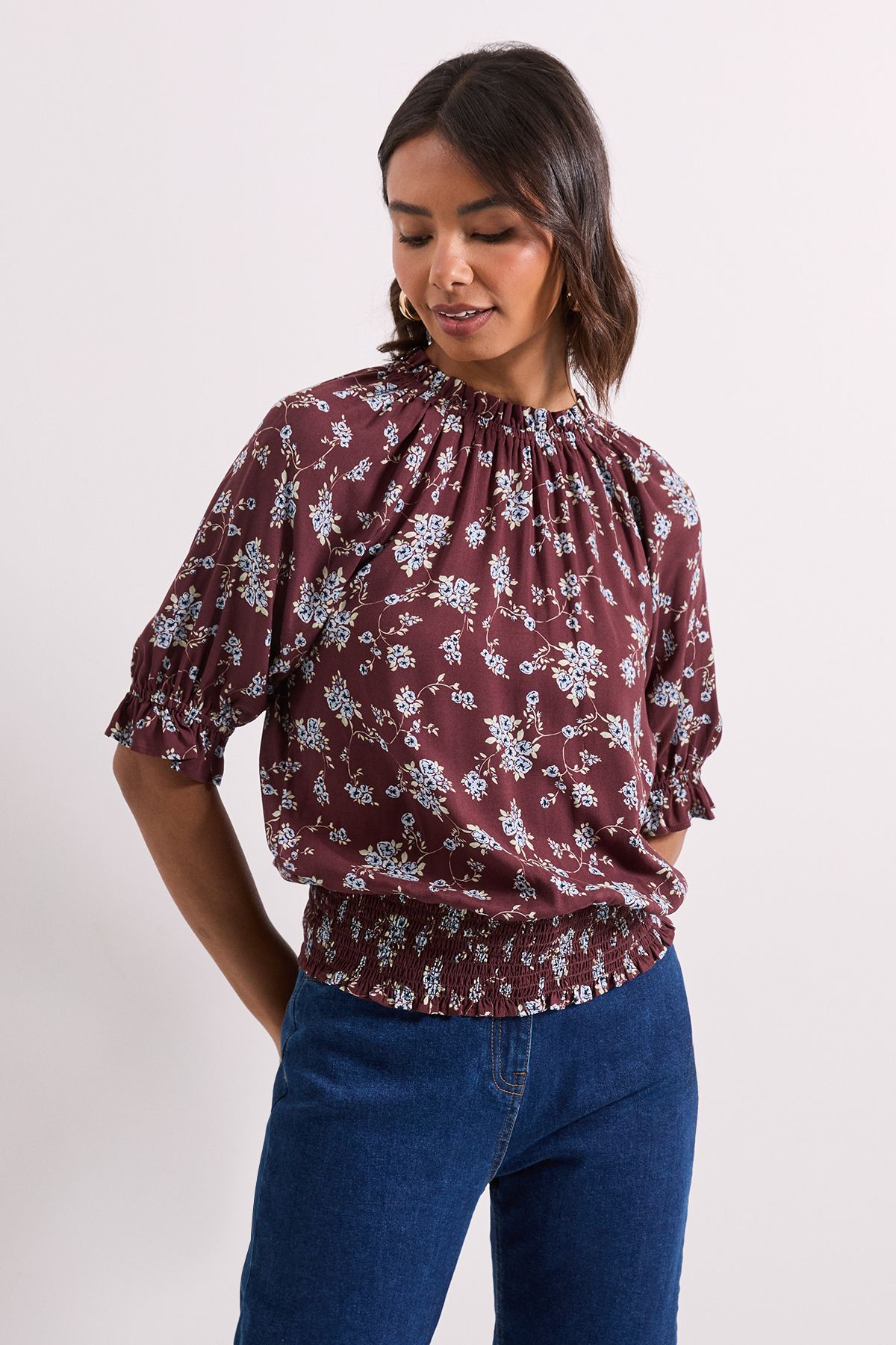 Dorothy Perkins Frill Neck Shirred Cuff Blouse Chocolate image 1