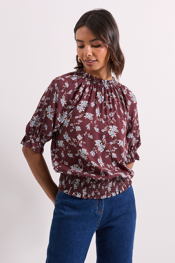 Dorothy Perkins Frill Neck Shirred Cuff Blouse Chocolate