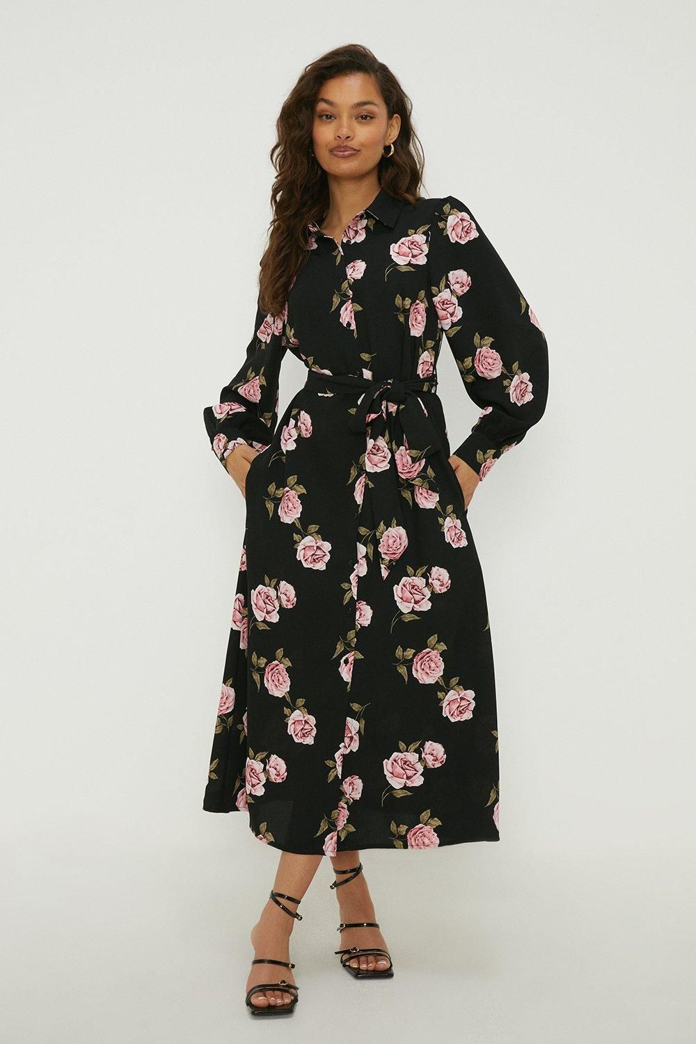Dorothy Perkins Petite Floral Tie Waist Midi Shirt Dress Floral image 1