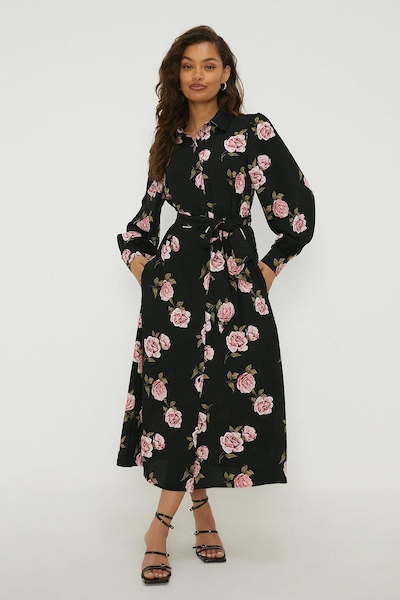 Dorothy Perkins Petite Floral Tie Waist Midi Shirt Dress Floral