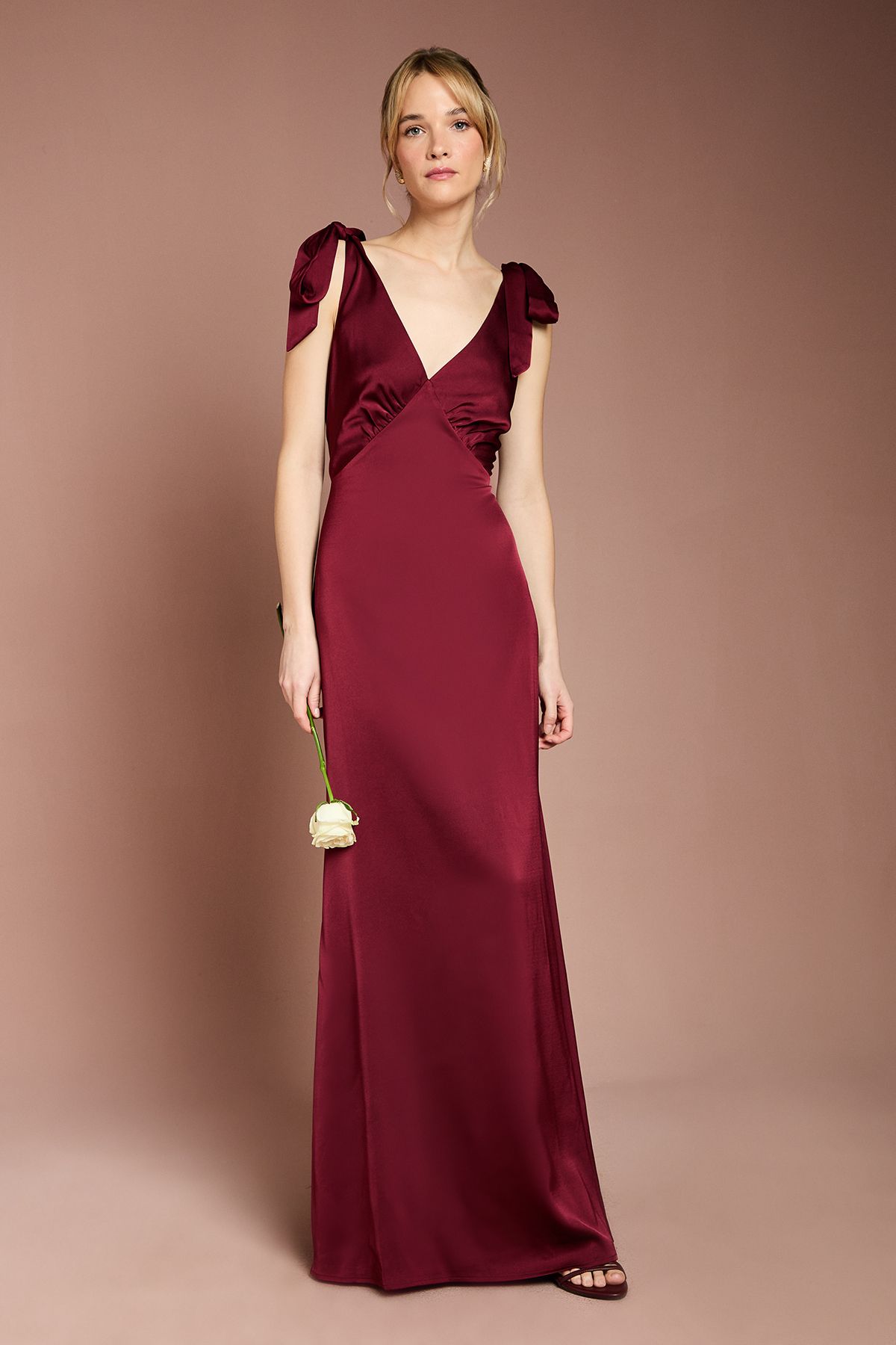 Coast Coast Honoured Satin Back Crepe V Neck Tie Shoulder Maxi Bridesmaid Dress Malbec