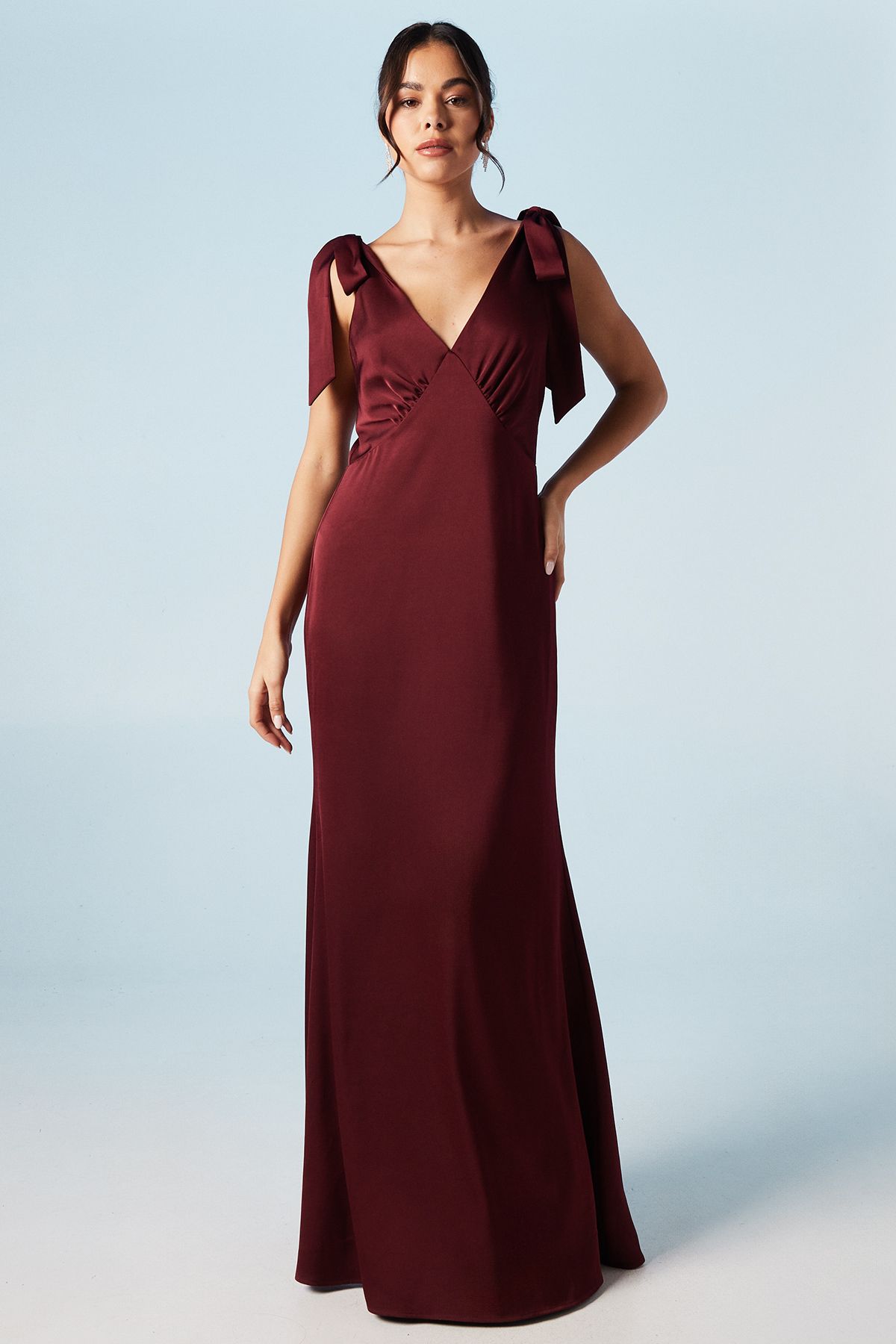 Coast Coast Honoured Satin Back Crepe V Neck Tie Shoulder Maxi Bridesmaid Dress Malbec image 1