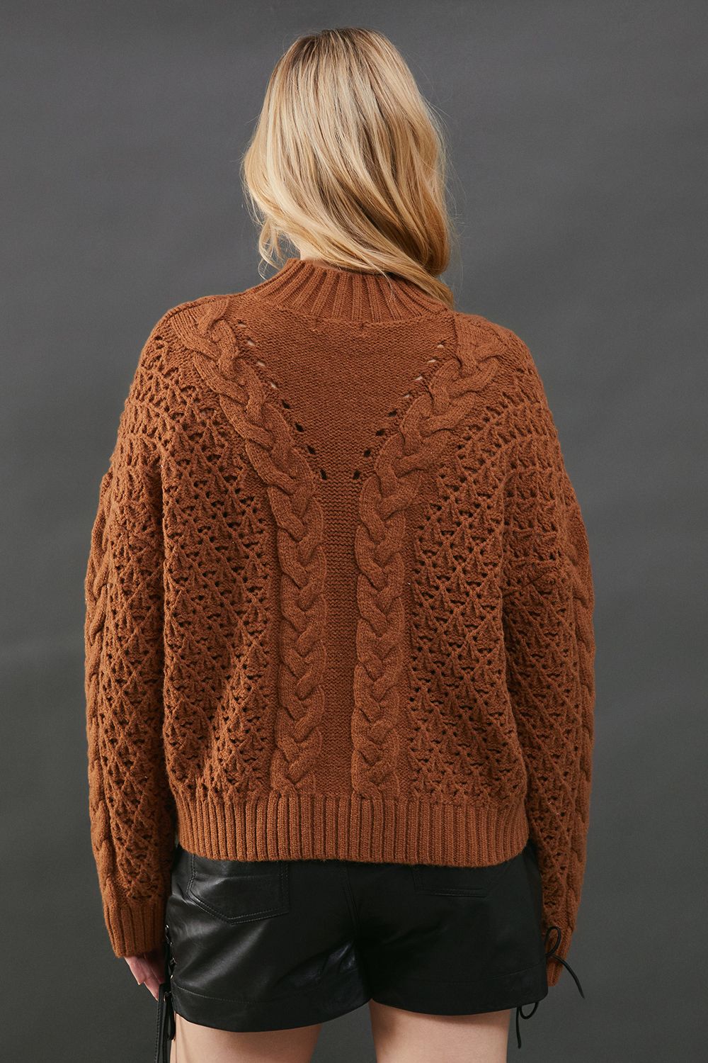 Warehouse Chunky Cable Knit Roll Neck Jumper Tan image 3