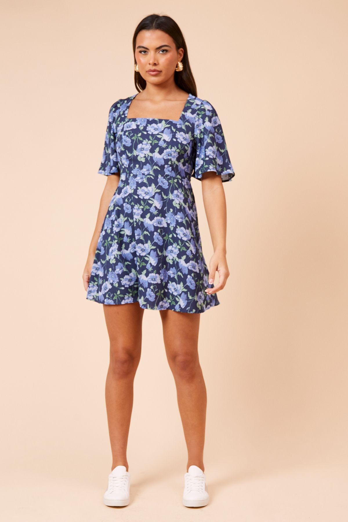 Dorothy Perkins Blue Floral Seamed Bodice Angel Sleeve Mini Dress Floral image 2