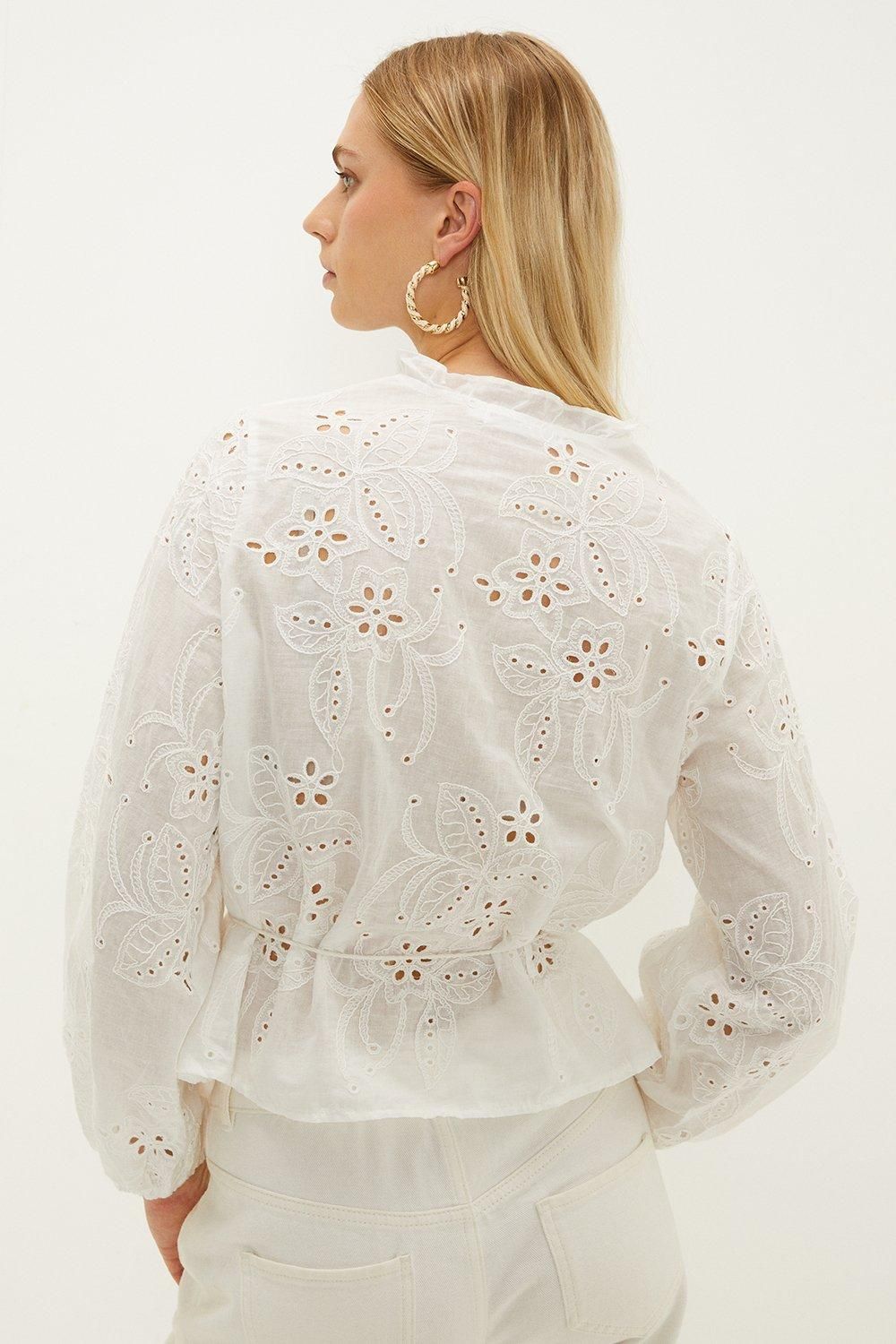 Oasis Broderie Button Through Tie Waist Blouse White image 3