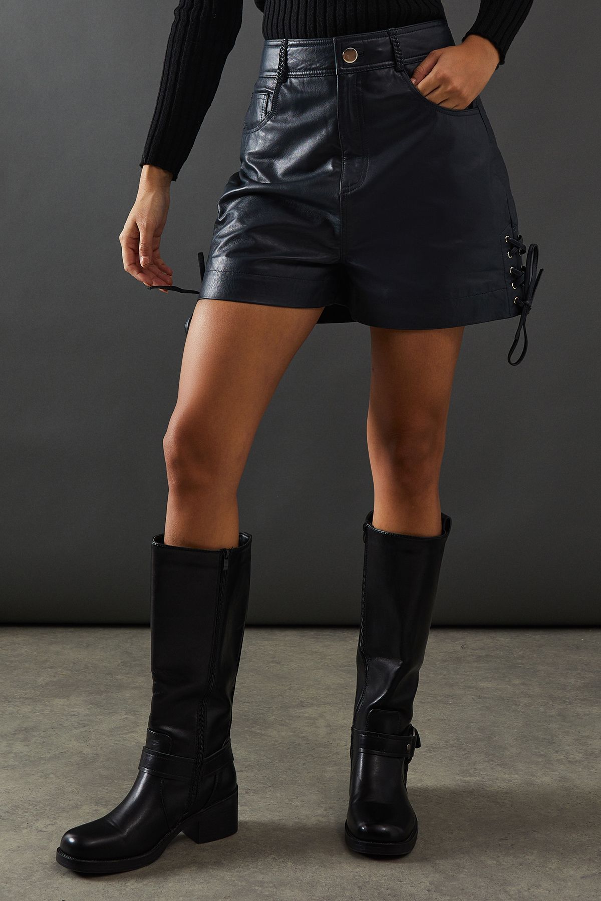 Warehouse Real Leather Whipstitch Detail Shorts Petrol image 4