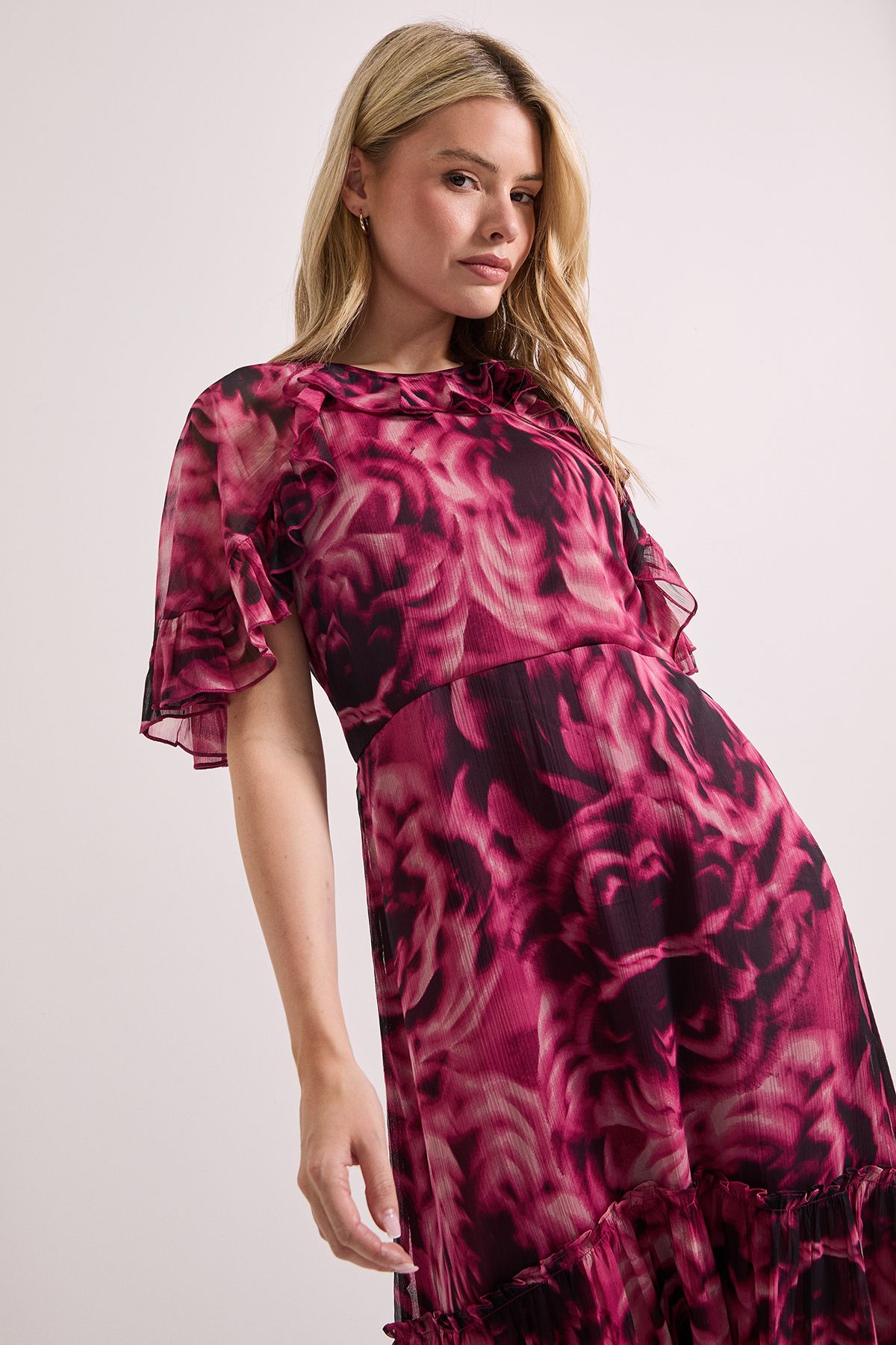 Dorothy Perkins Burgundy Floral Frill Cape Sleeve Tiered Printed Chiffon Midi Dress Burgundy image 4