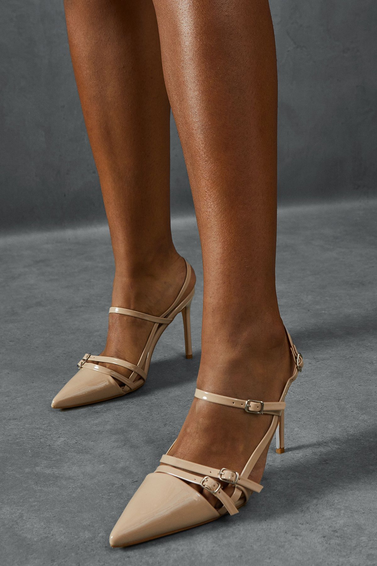 MissPap Patent Buckle Pointed High Stiletto Heel Court Shoes Nude image 2