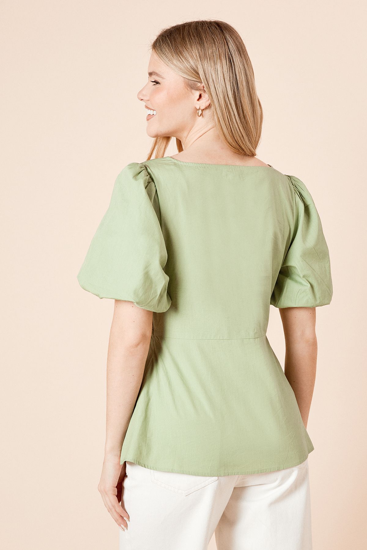 Dorothy Perkins Poplin Puff Sleeve Ruched Bodice Blouse Sage image 4