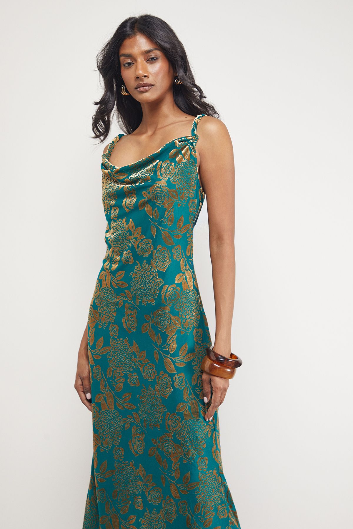 Warehouse Devore Twist Cowl Neck Bias Midi Slip Dress Green image 2