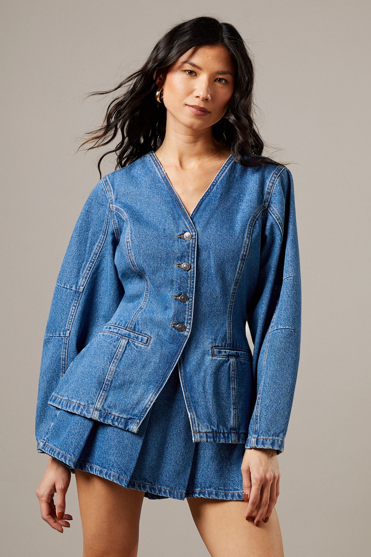 Warehouse Balloon Sleeve Nipped Waist Denim Jacket Mid Wash image 1