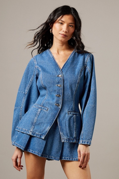 Warehouse Balloon Sleeve Nipped Waist Denim Jacket Mid Wash