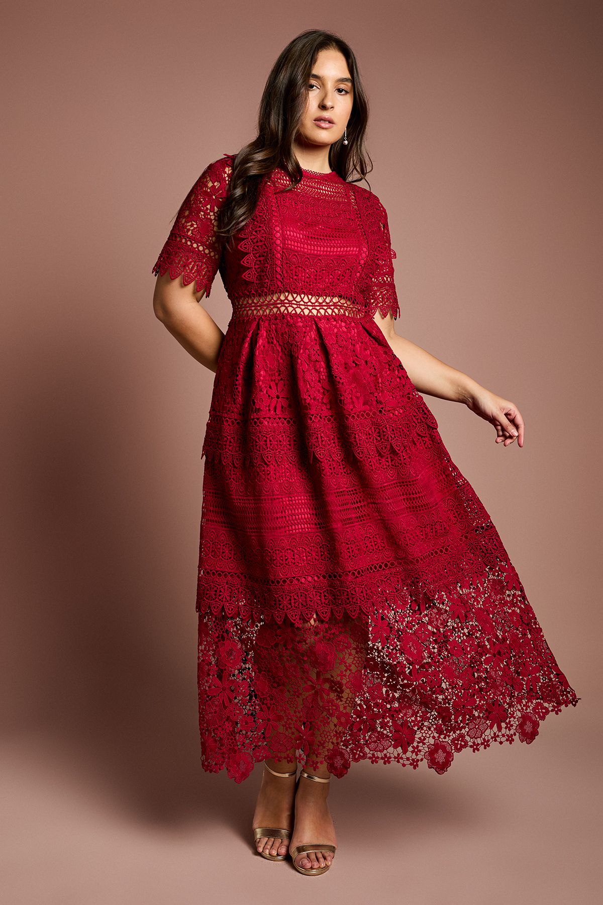 Coast Plus Short Sleeve Lace Midi Dress Berry