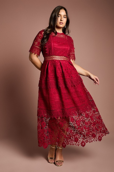 Coast Plus Short Sleeve Lace Midi Dress Berry