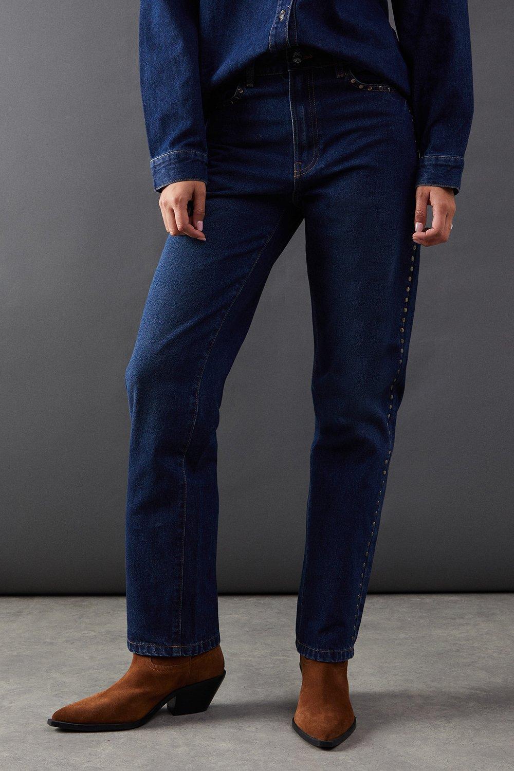 Warehouse Denim Stud Detail Straight Leg Jean Dark Wash image 4