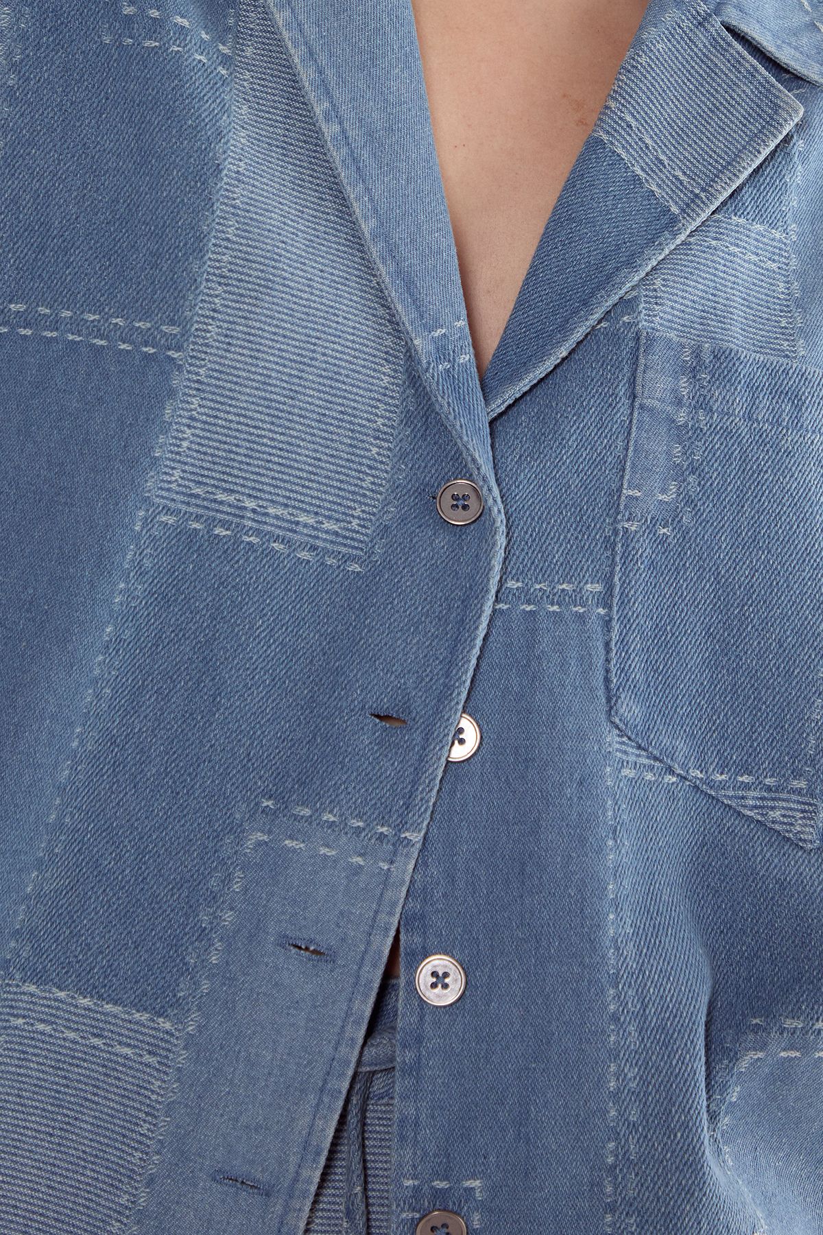 NastyGal Denim Patchwork Contrast Stitch Resort Shirt Mid Blue image 5