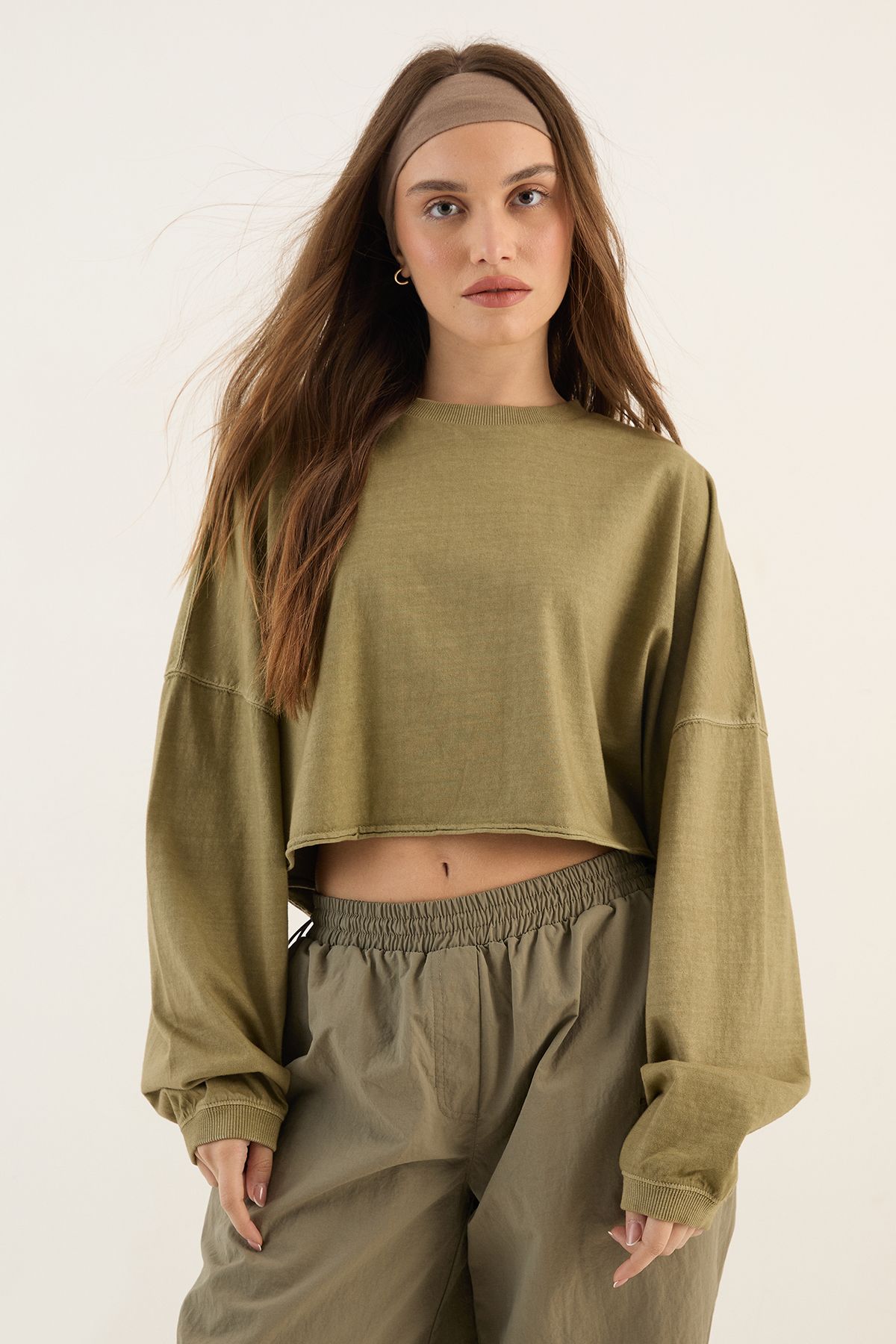 DSGN Studio DSGN Studio Heavyweight Washed Oversized Long Sleeve Crop T-Shirt Washed Khaki
