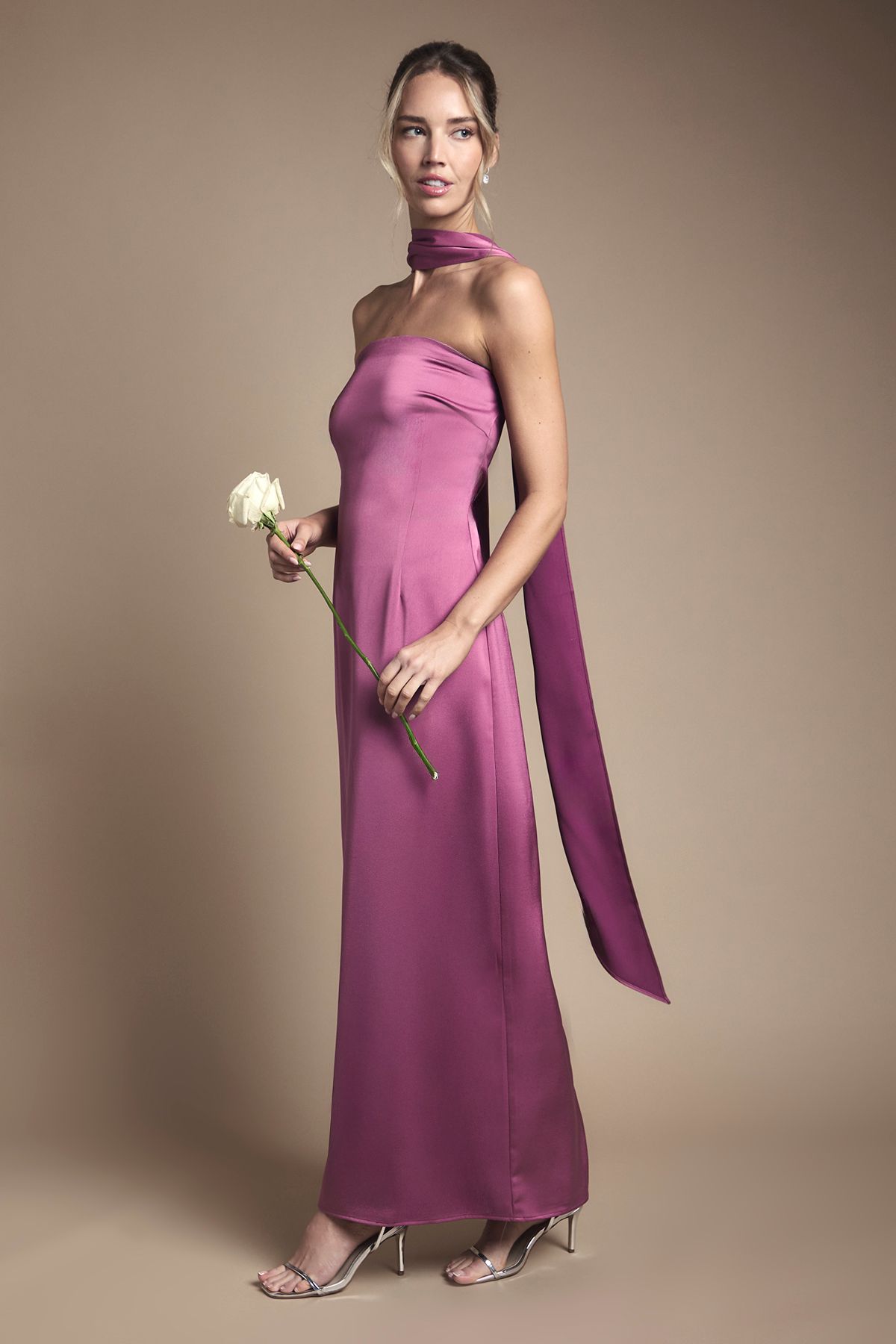 Oasis Oasis By Coast Bandeau Satin Bridesmaid Maxi Dress With Scarf Pink image 1