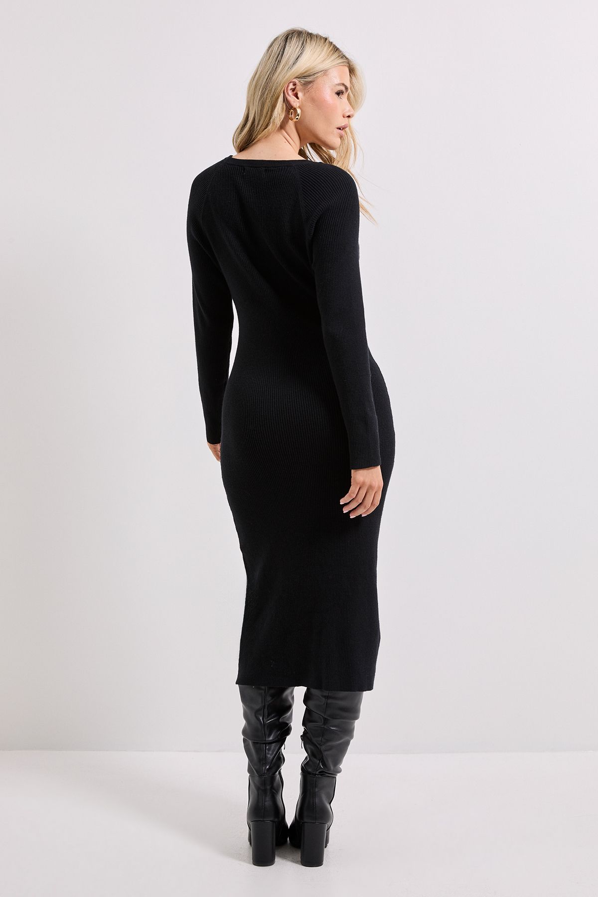 Dorothy Perkins Black Henley Crew Knitted Midi Dress Black image 3