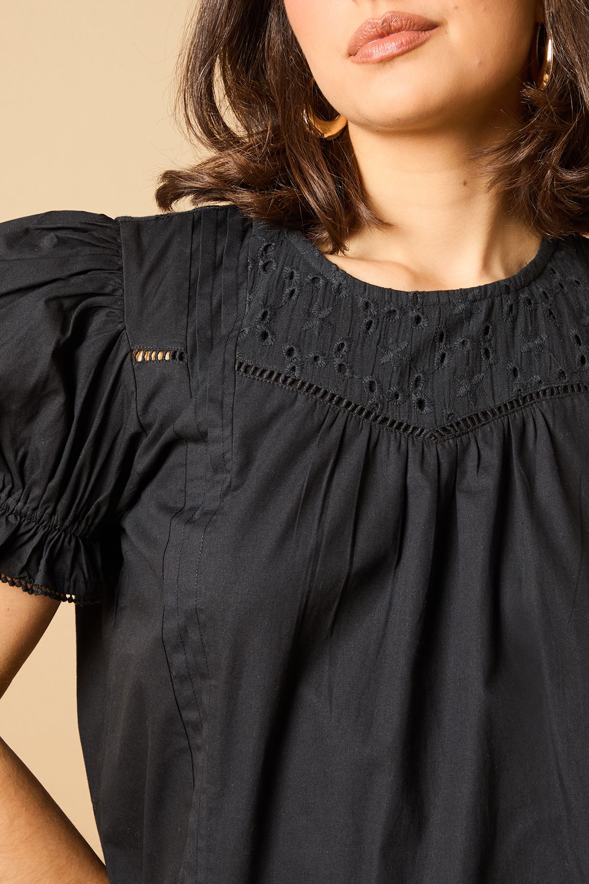 Oasis Broderie Trim Detail Puff Sleeve Blouse Black image 5