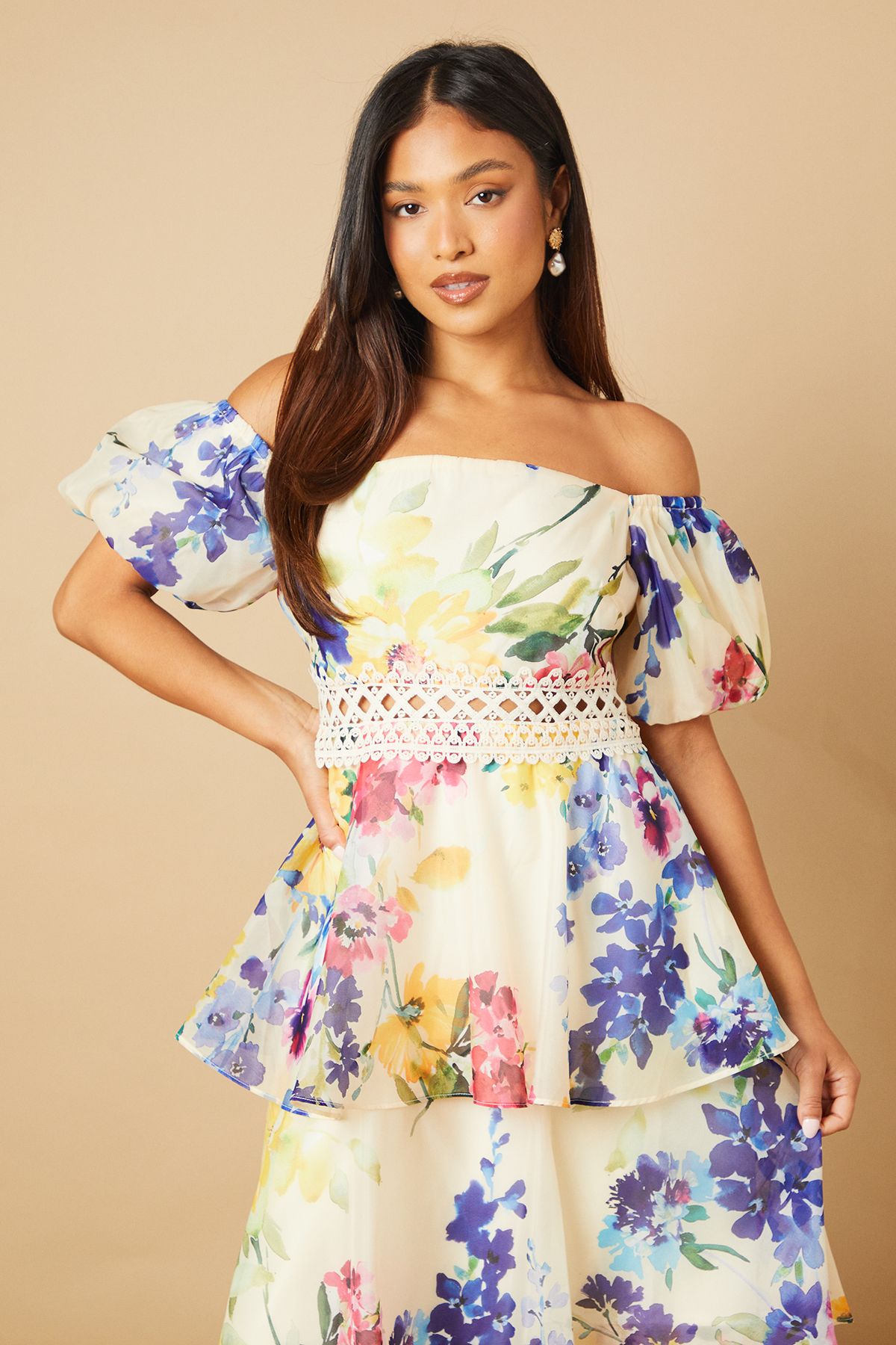 Oasis Petite Organza Floral Bardot Midaxi Dress Multi image 2