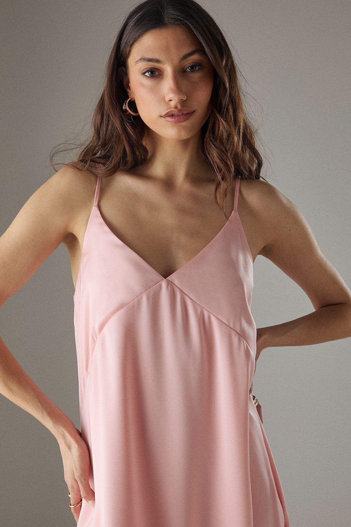 Warehouse Satin Asymmetric Ruffle Mini Strappy Dress Peach image 3